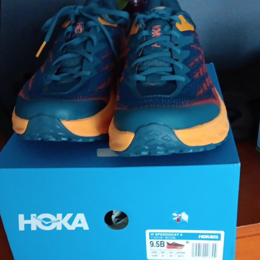 Hoka Speedgoat 5 Trail Shoes in Blue and Orange